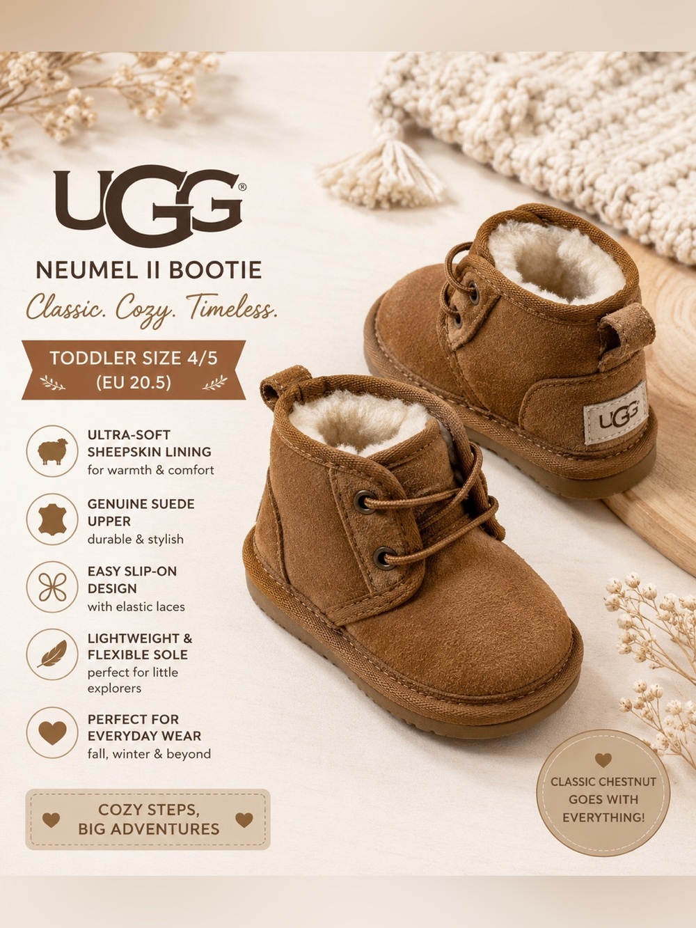 UGG Kids Neumel II Bootie Chestnut Suede Sheepskin Boots Size 4/5 Toddler